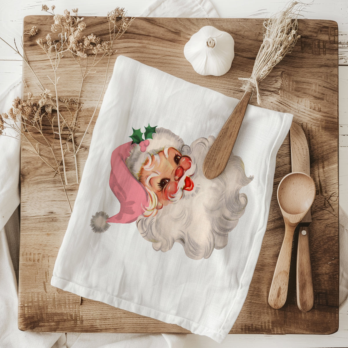 Pink Santa Vintage Kitchen Towel