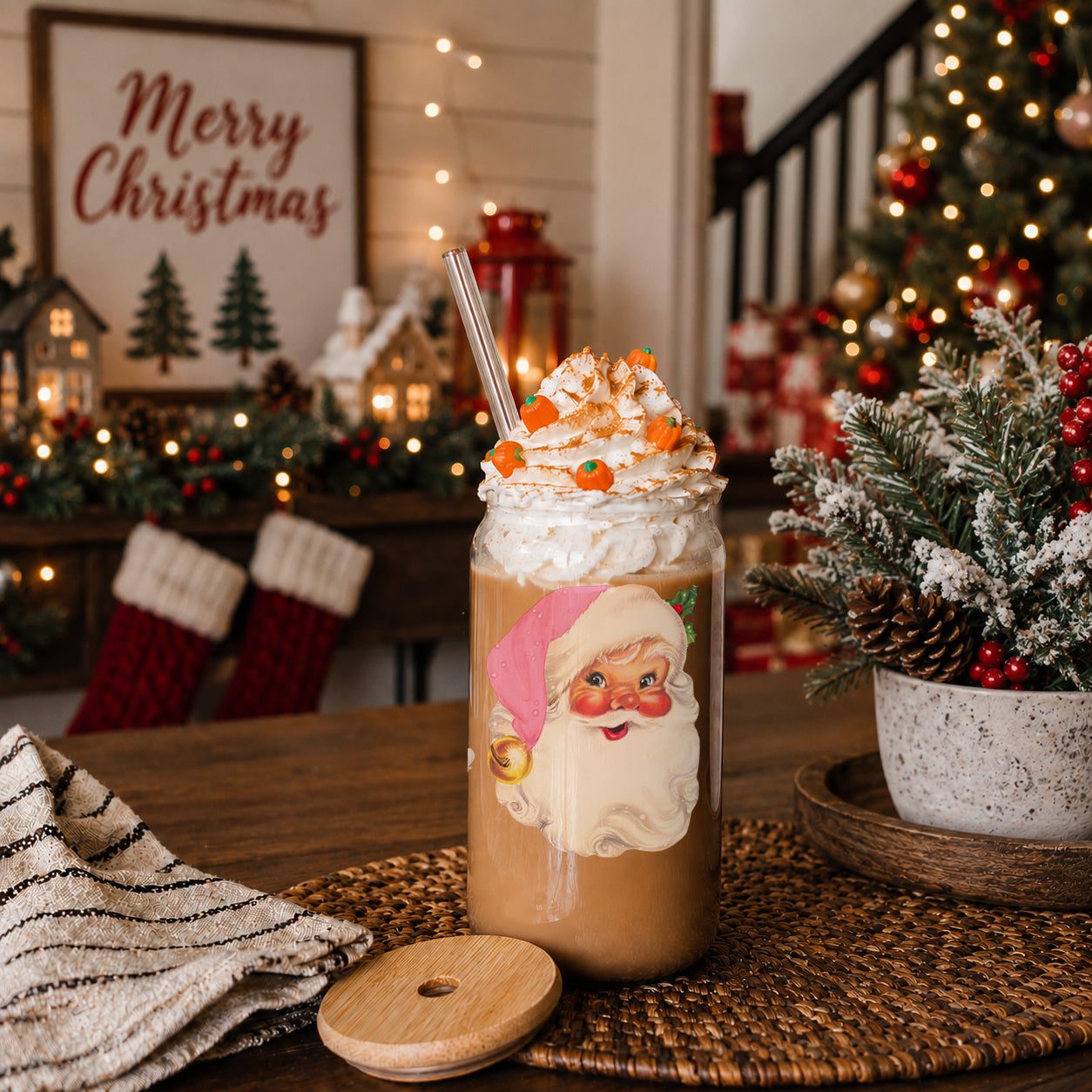 Vintage Pink Santa 17oz Glass Cup