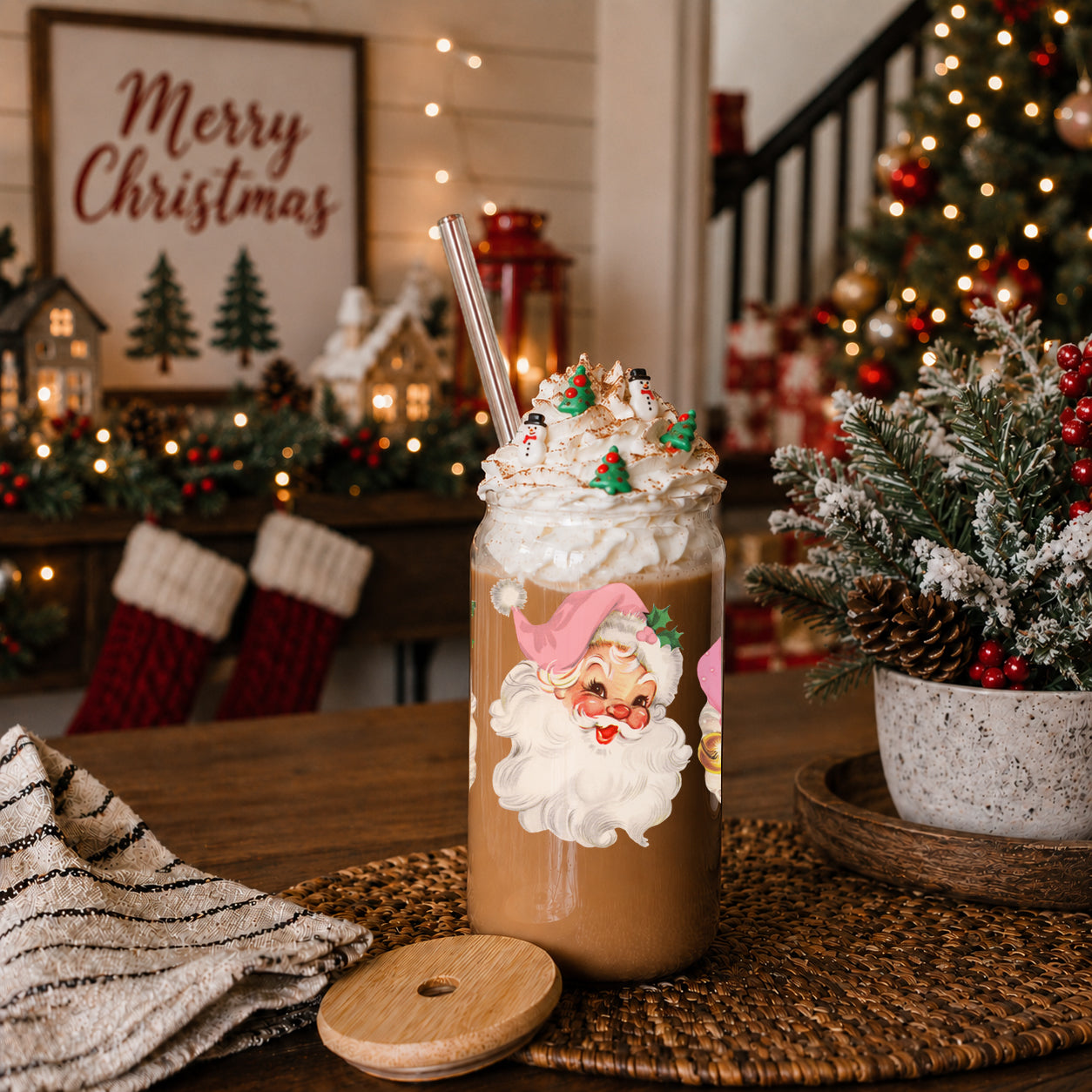Vintage Pink Santa 17oz Glass Cup