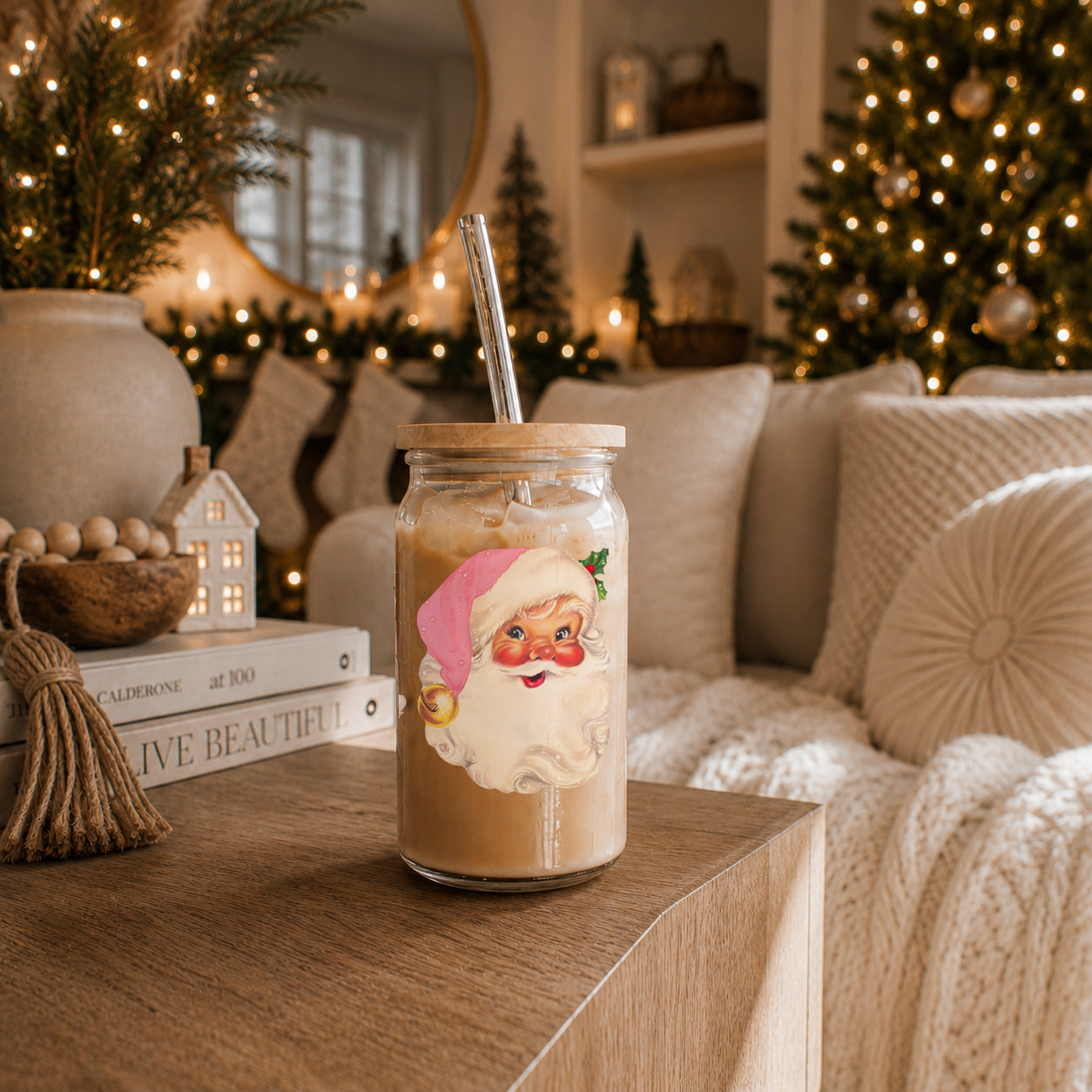 Vintage Pink Santa 17oz Glass Cup