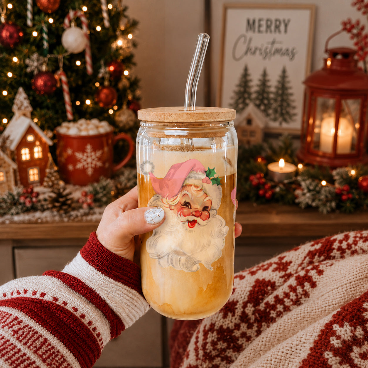 Vintage Pink Santa 17oz Glass Cup