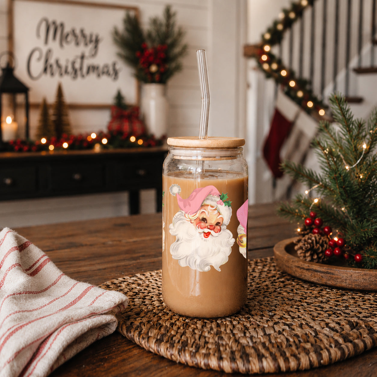 Vintage Pink Santa 17oz Glass Cup