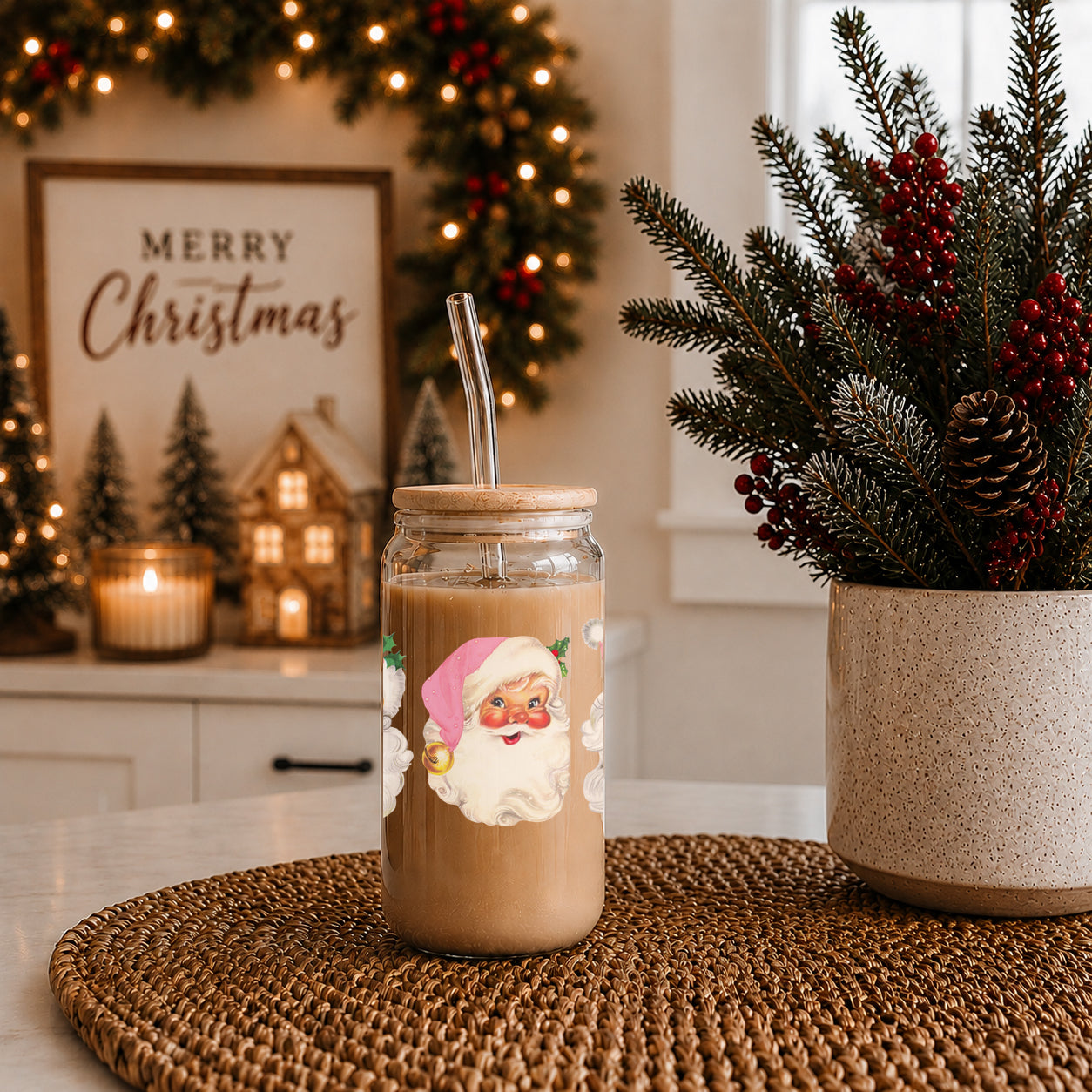 Vintage Pink Santa 17oz Glass Cup