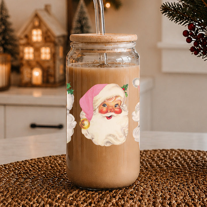Vintage Pink Santa 17oz Glass Cup