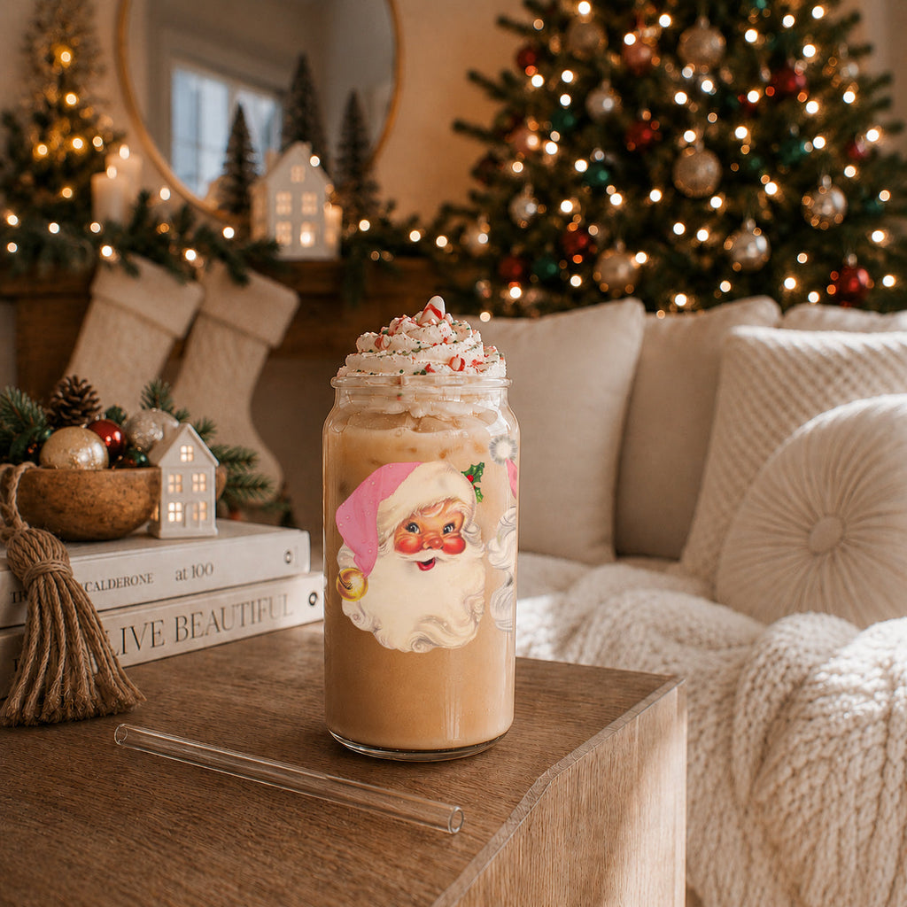 Vintage Pink Santa 17oz Glass Cup
