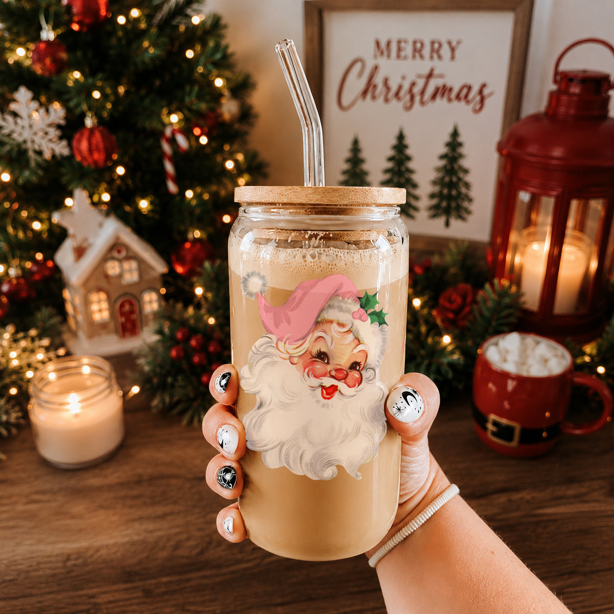 Vintage Pink Santa 17oz Glass Cup