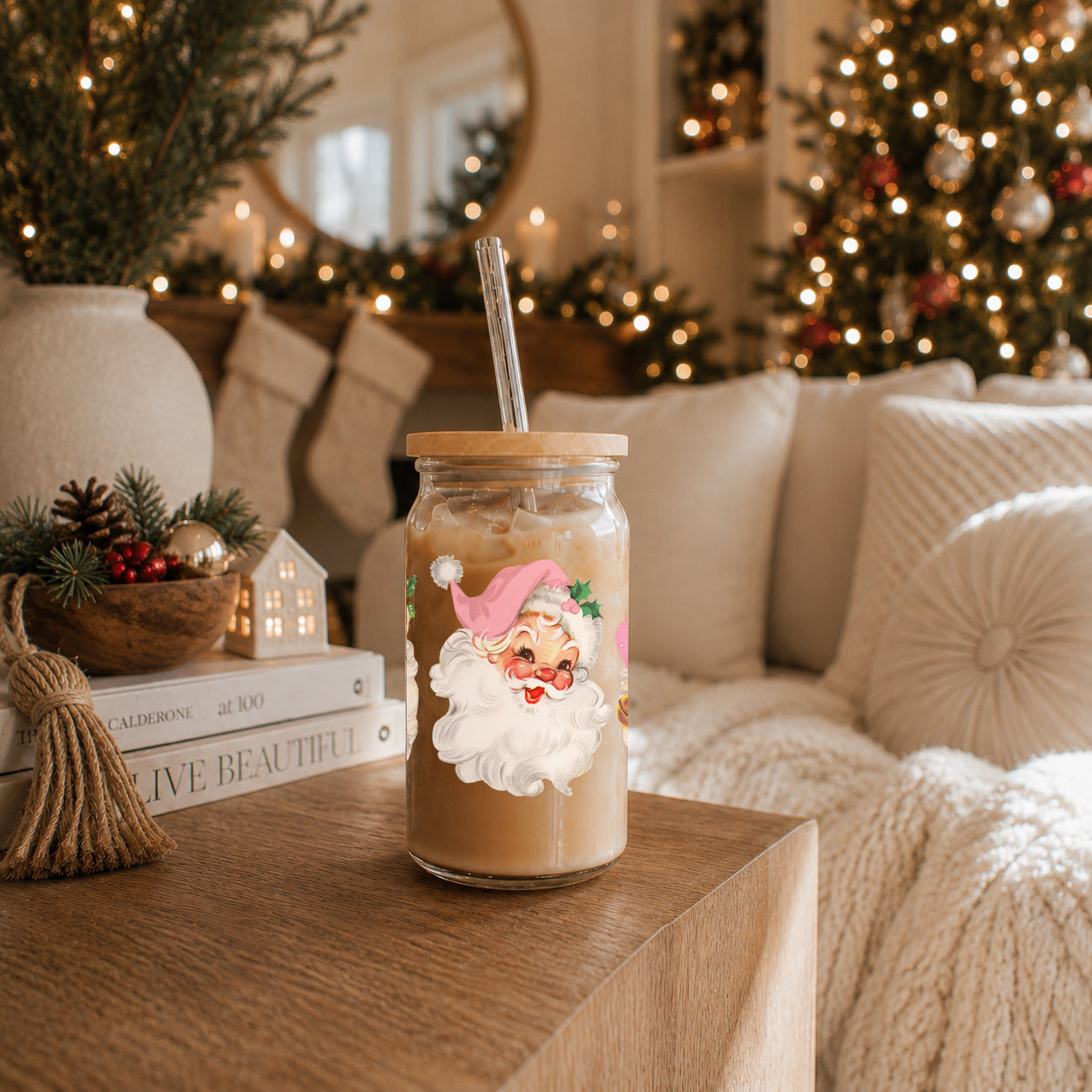 Vintage Pink Santa 17oz Glass Cup