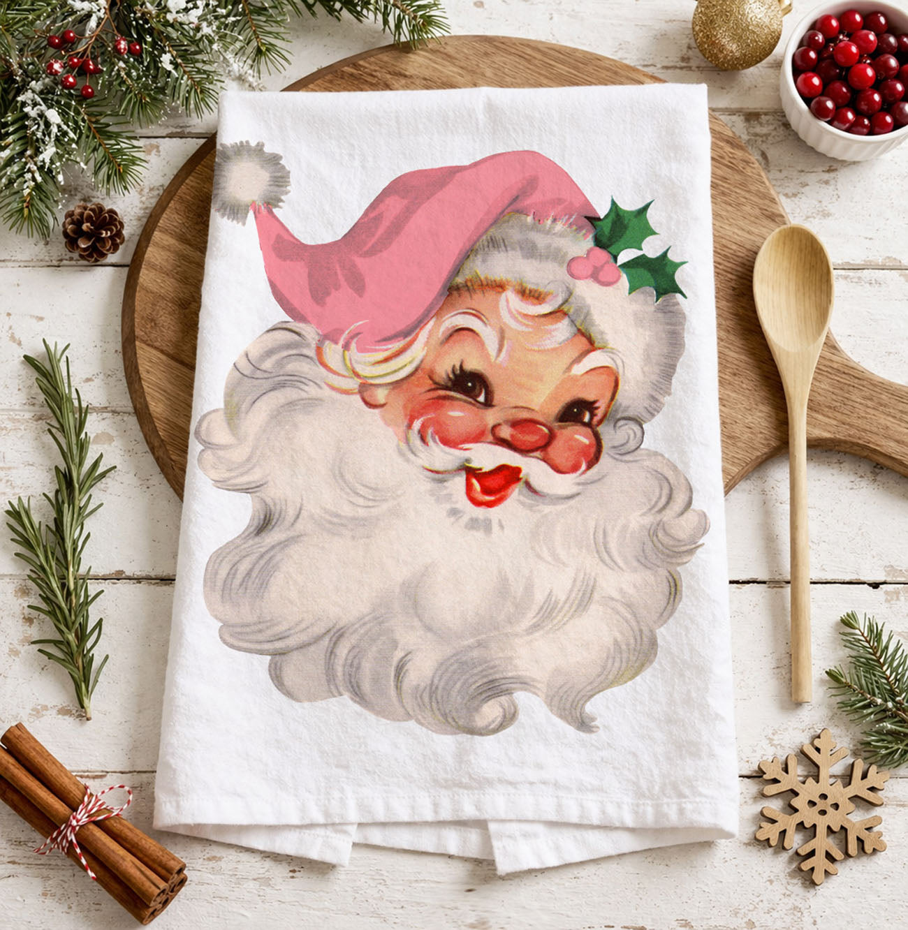Pink Santa Vintage Kitchen Towel
