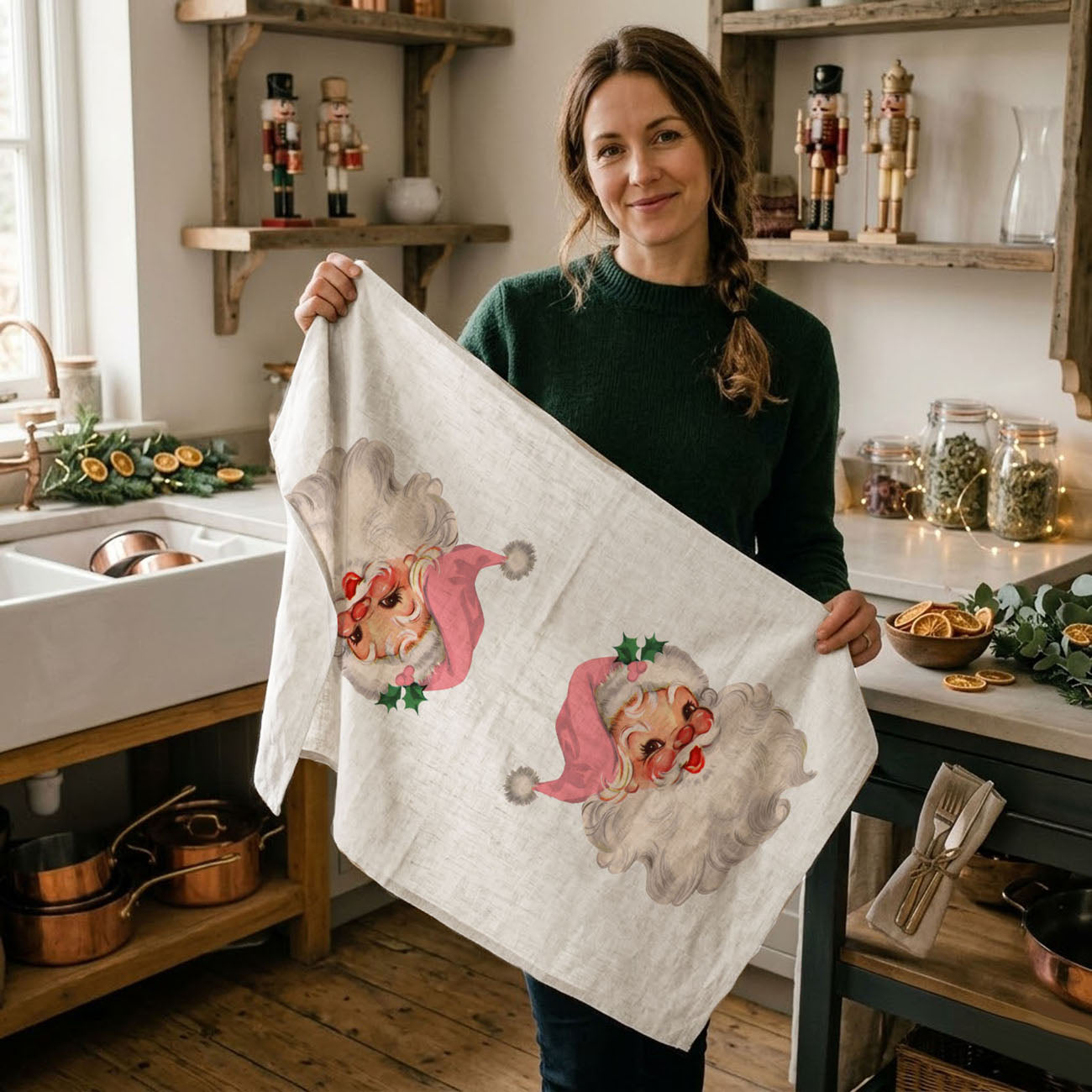 Pink Santa Vintage Kitchen Towel