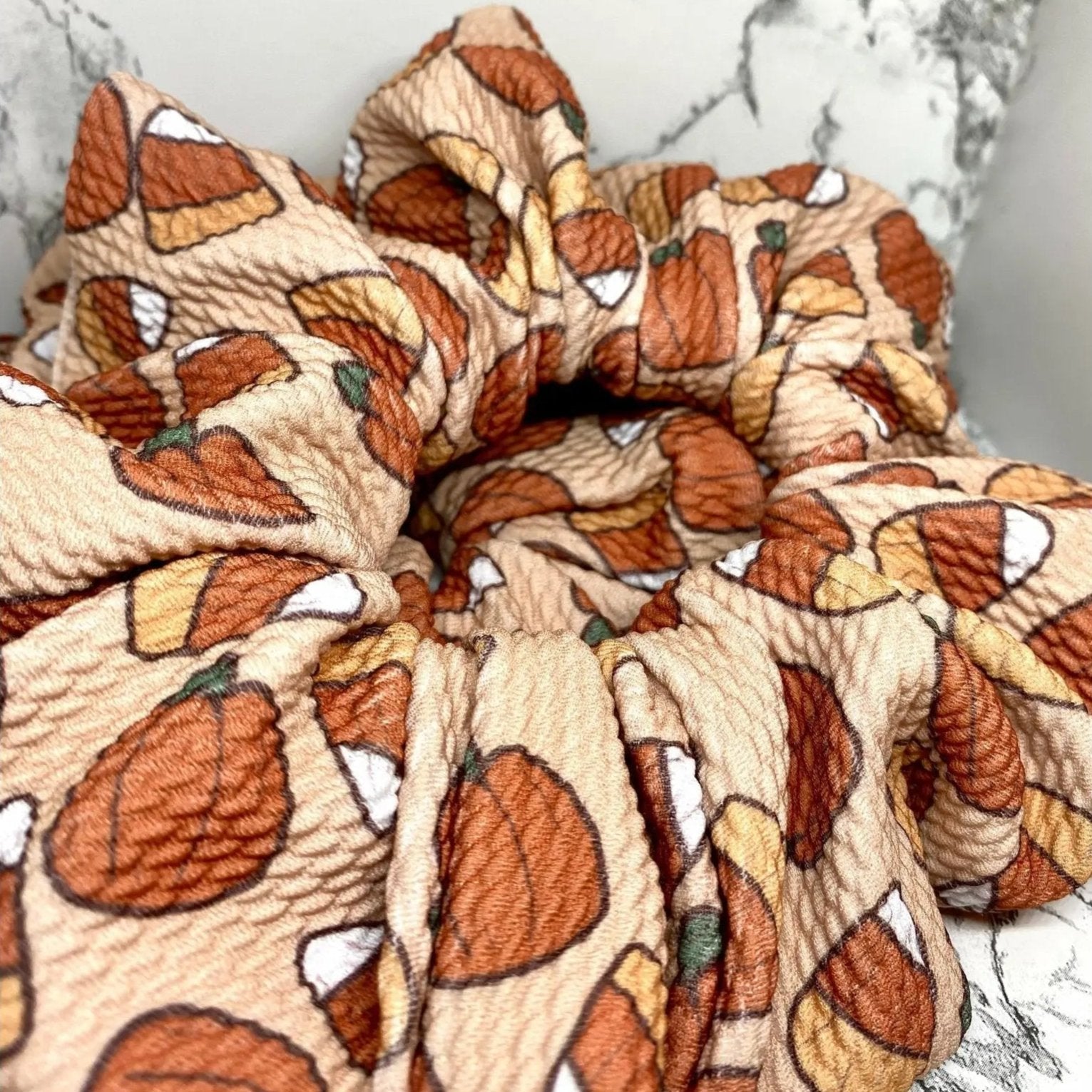 Candy Corn and Pumpkin Bullet Halloween Scrunchie