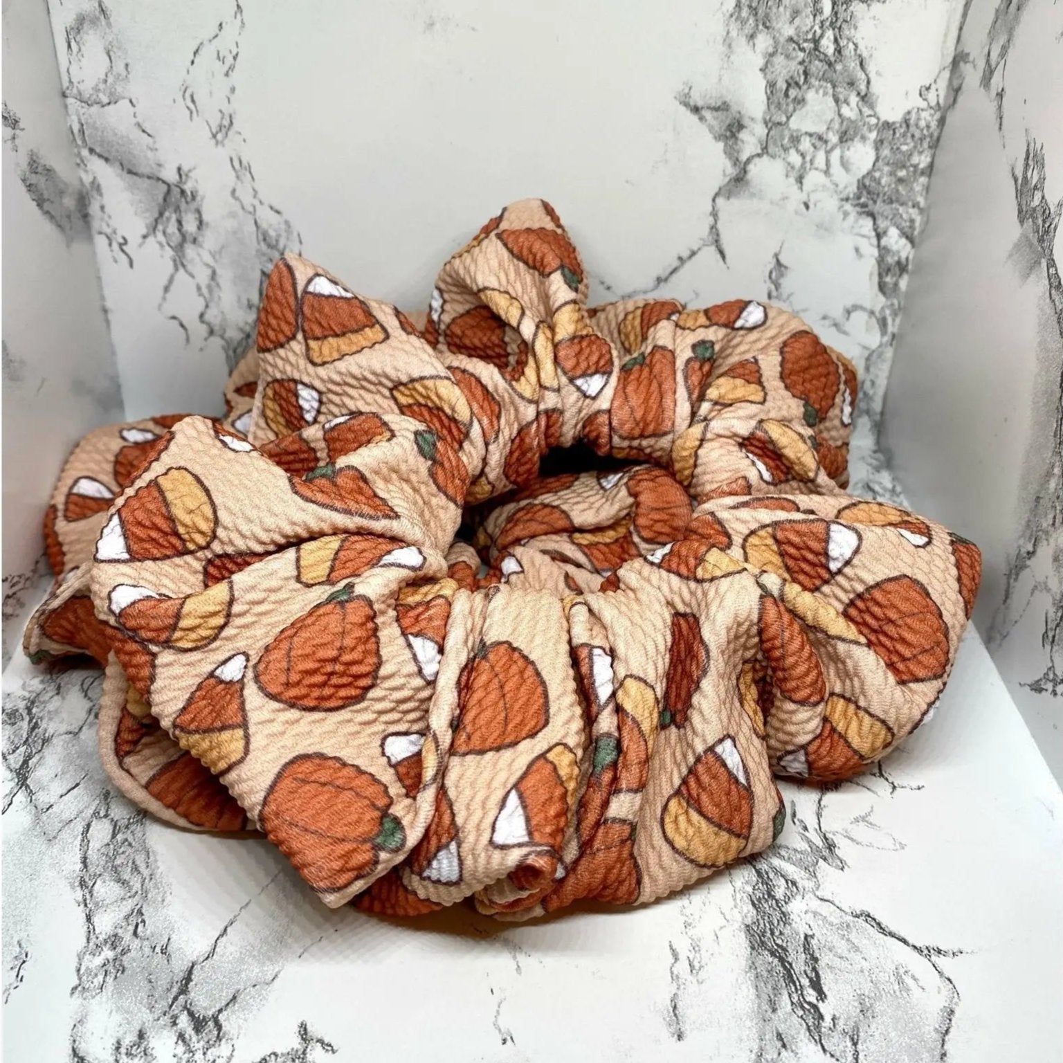 Candy Corn and Pumpkin Bullet Halloween Scrunchie