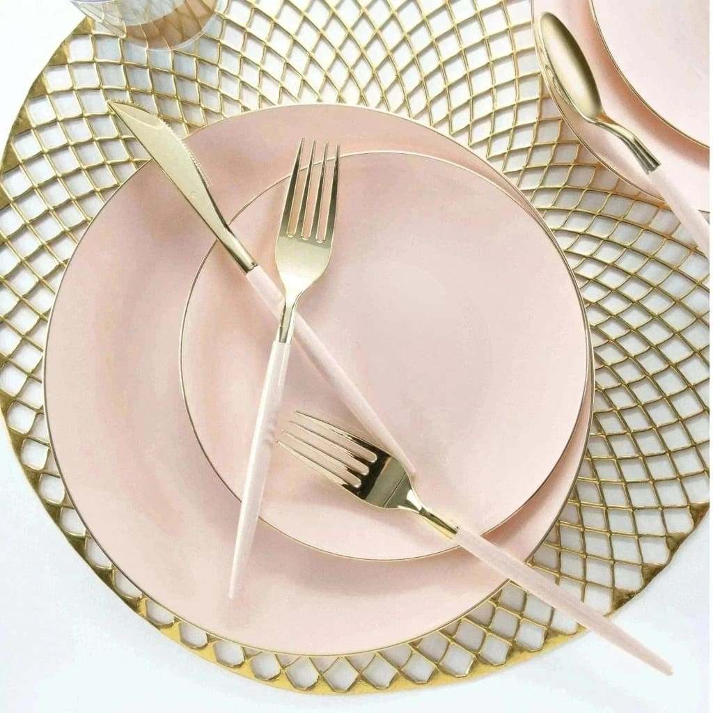 Round Blush Pink and Gold Plastic Plates | 10 Pack