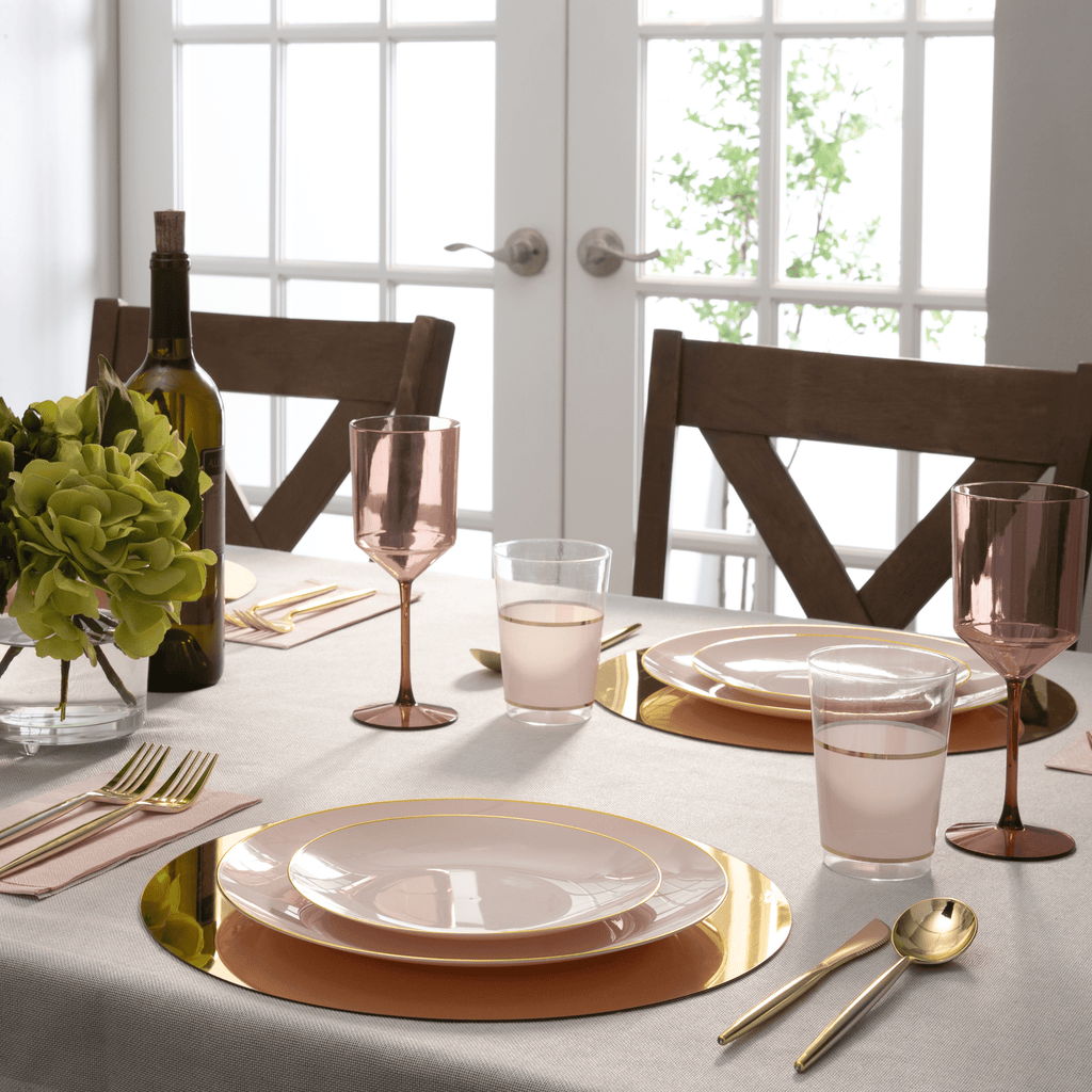 Round Blush Pink and Gold Plastic Plates | 10 Pack