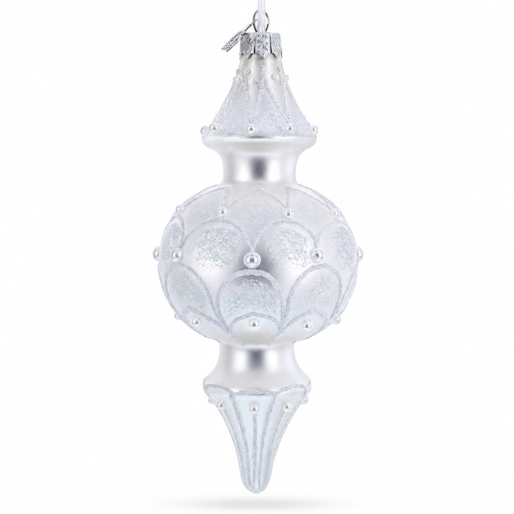 Snowy Pearl Double-Ended Finial Drop Glass Christmas Ornament