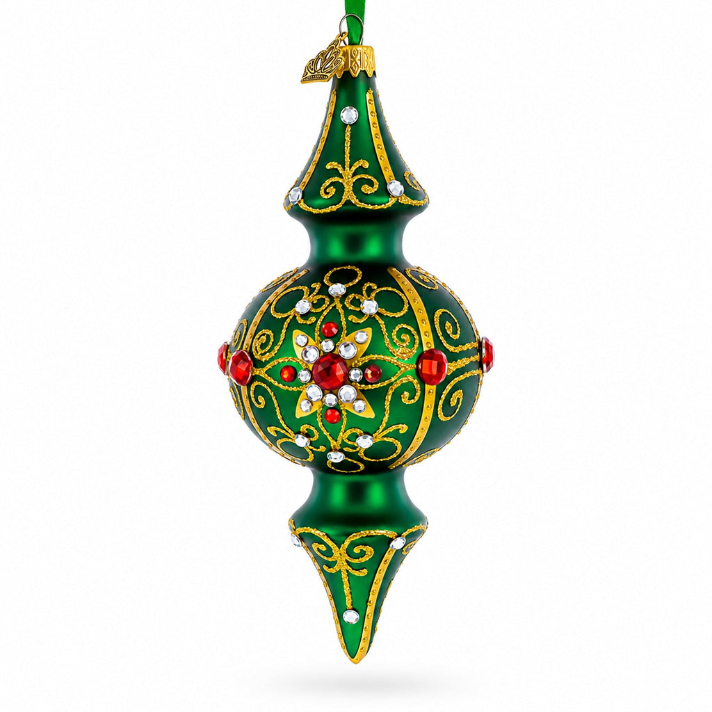 Emerald Baroque Jeweled Double-Ended Finial Drop Glass Christmas Ornament