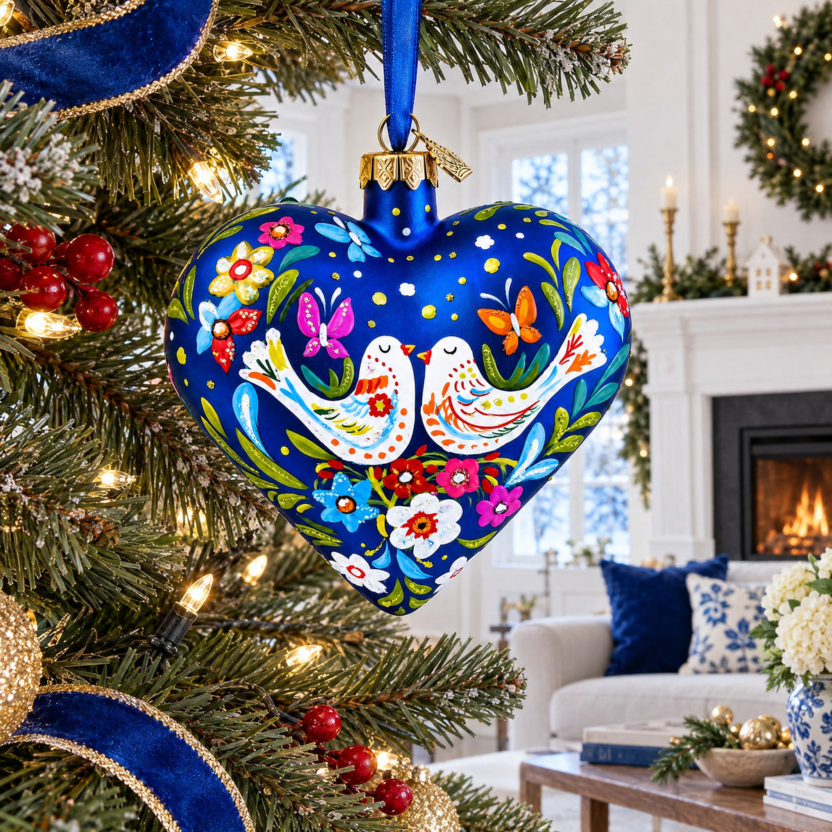 Blue Folk Art Whimsical Doves & Flowers Heart Glass Ornament
