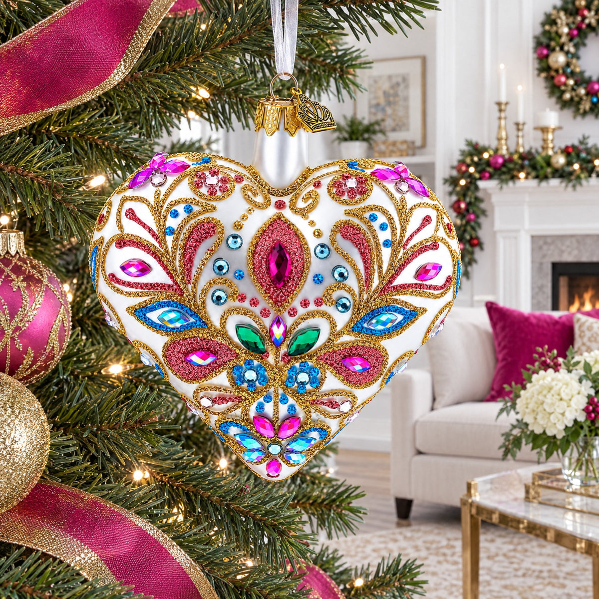 Gilded Baroque Gem Heart Glass Ornament