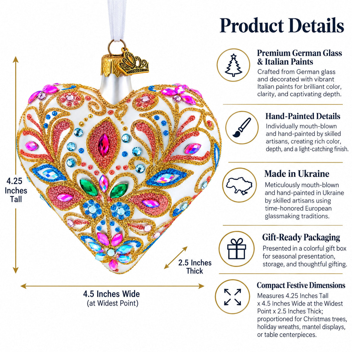 Gilded Baroque Gem Heart Glass Ornament