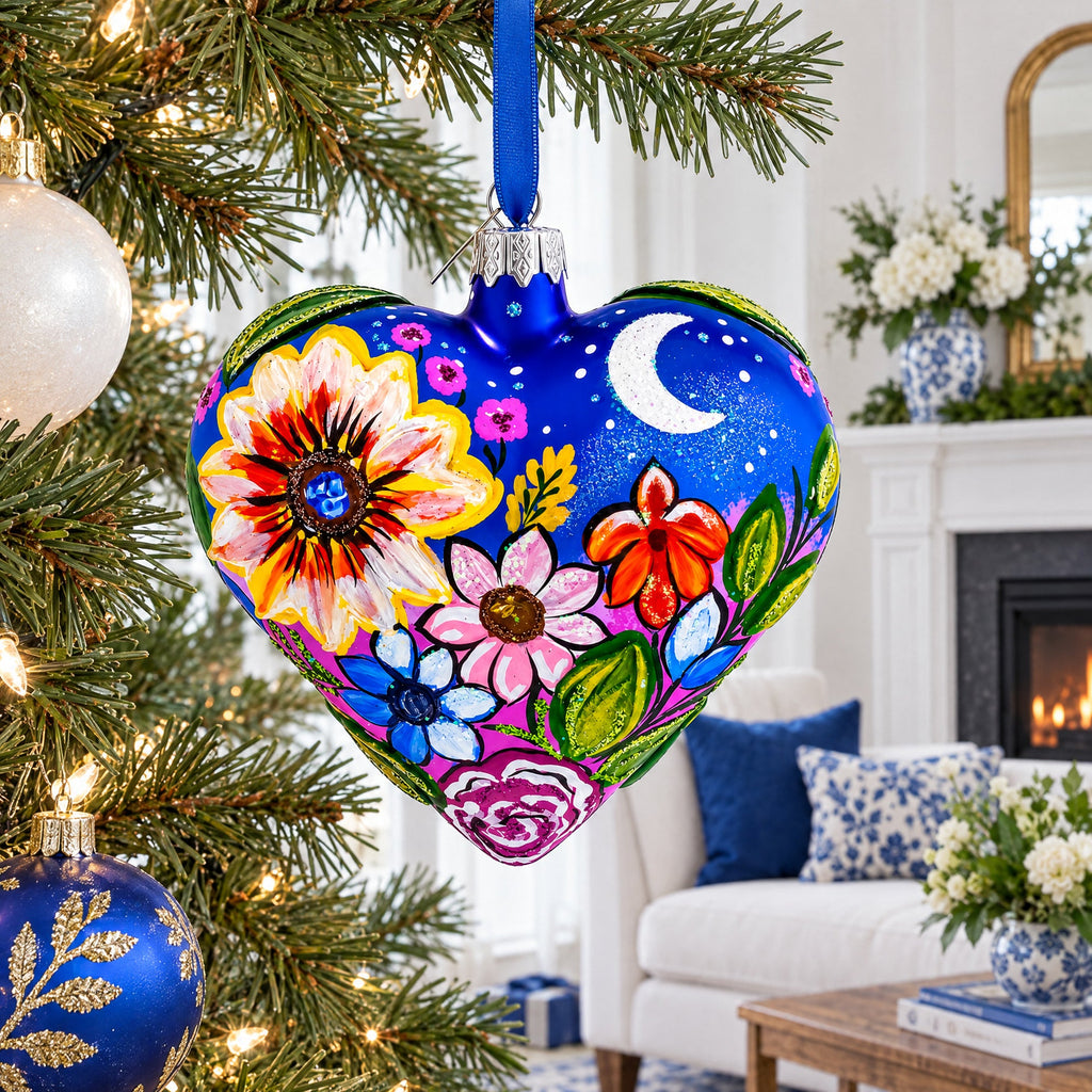 Moonlit Floral Meadow Heart Glass Ornament