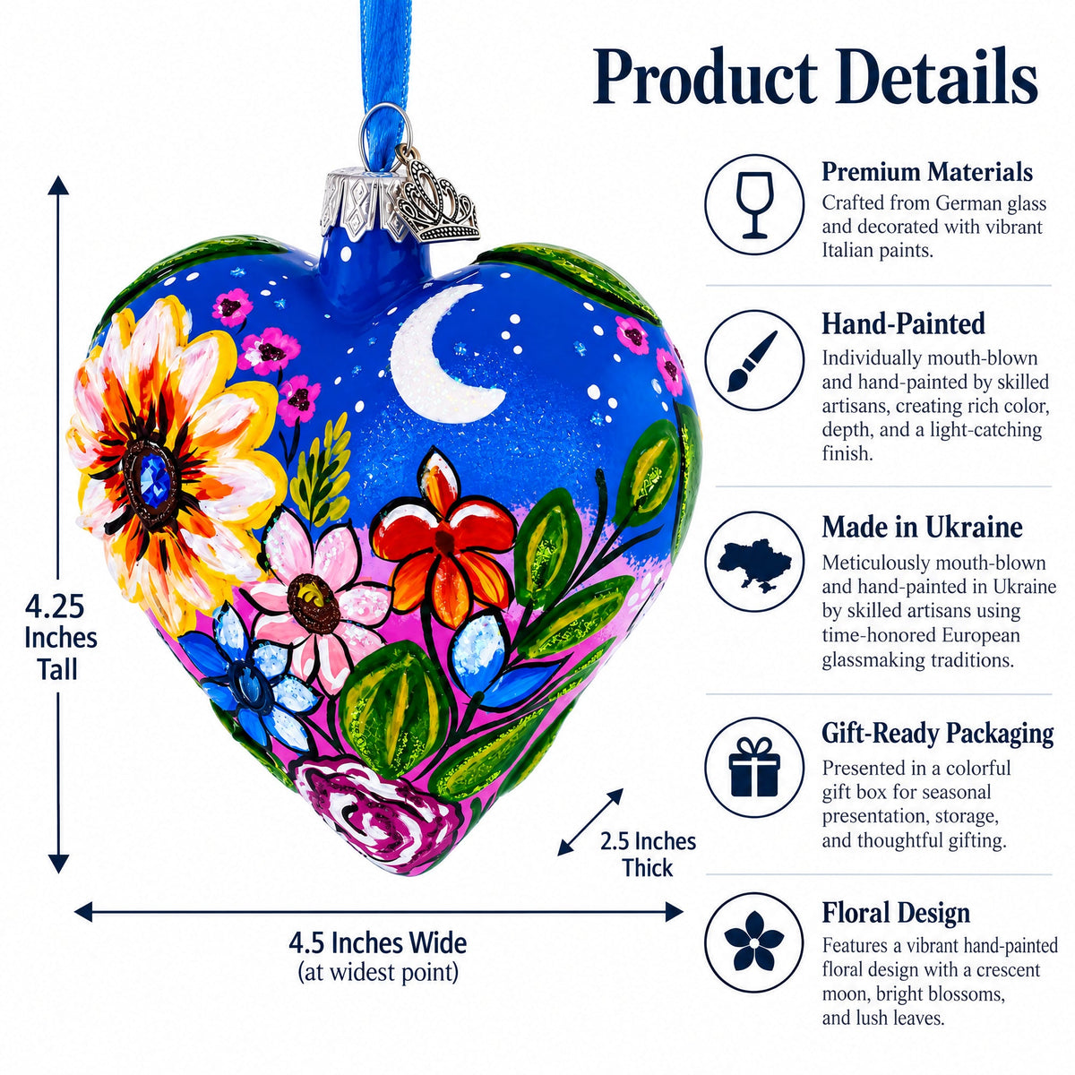 Moonlit Floral Meadow Heart Glass Ornament