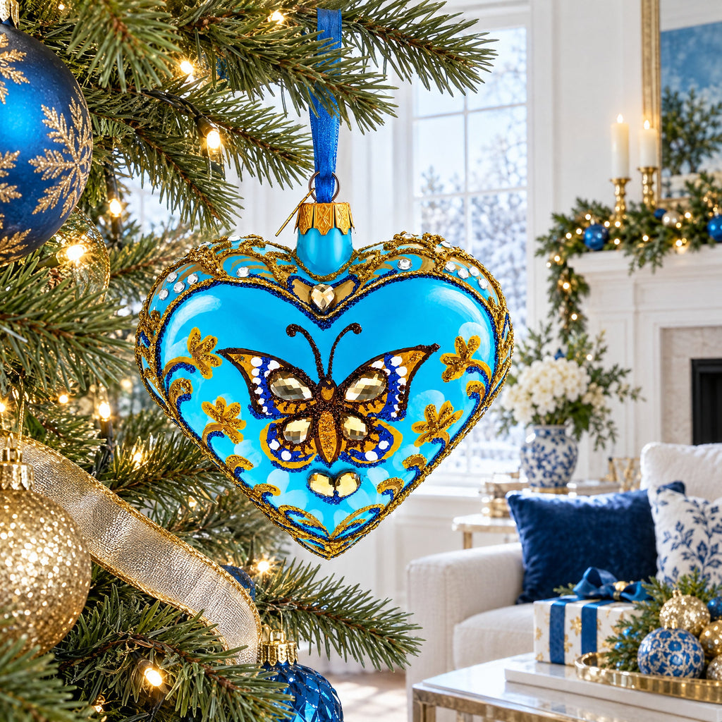 Turquoise Butterfly Elegance Heart Glass Ornament