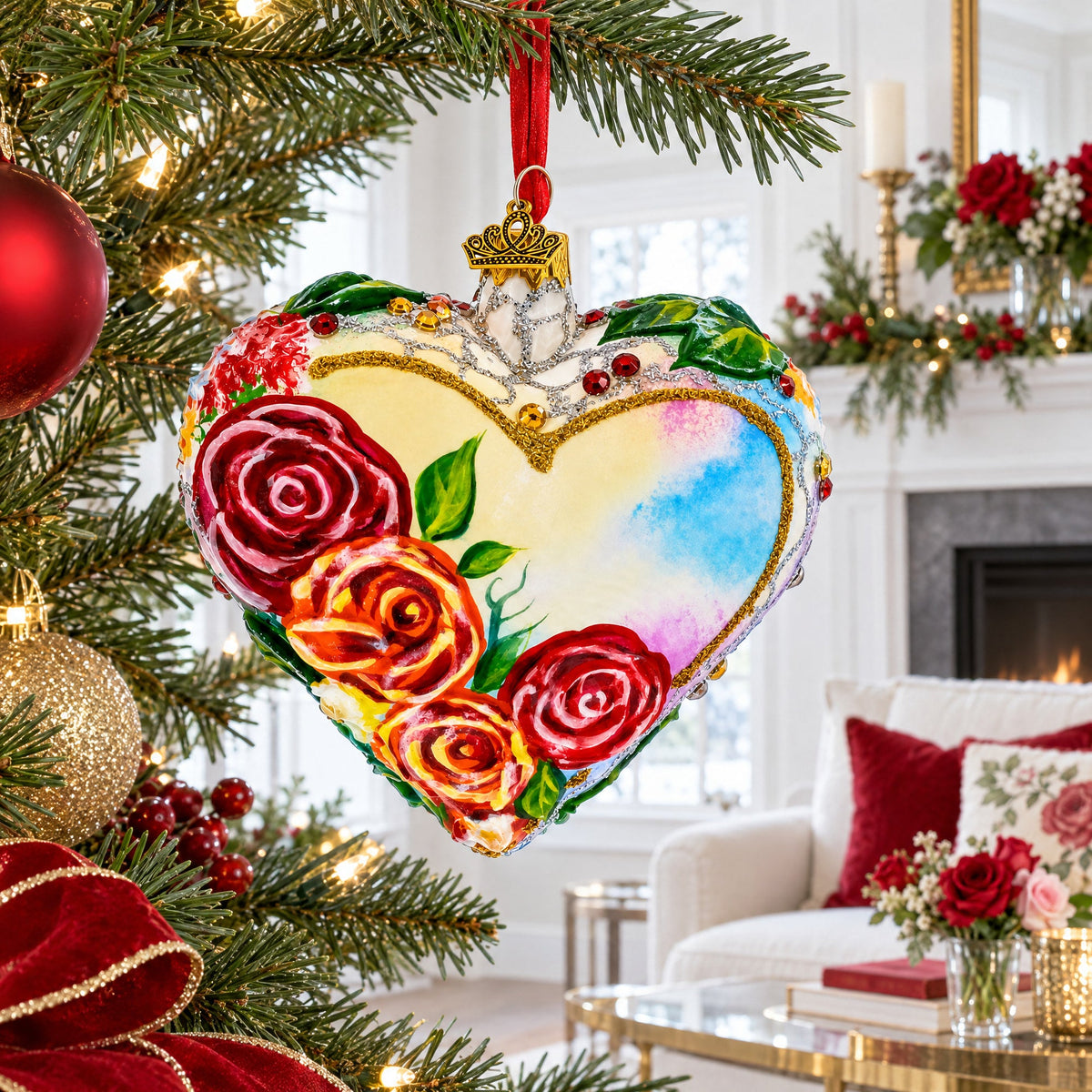 Pastel Rose Garden Heart Glass Ornament