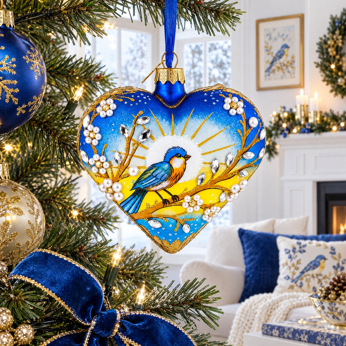 Golden Sunrise Bird Heart Glass Ornament