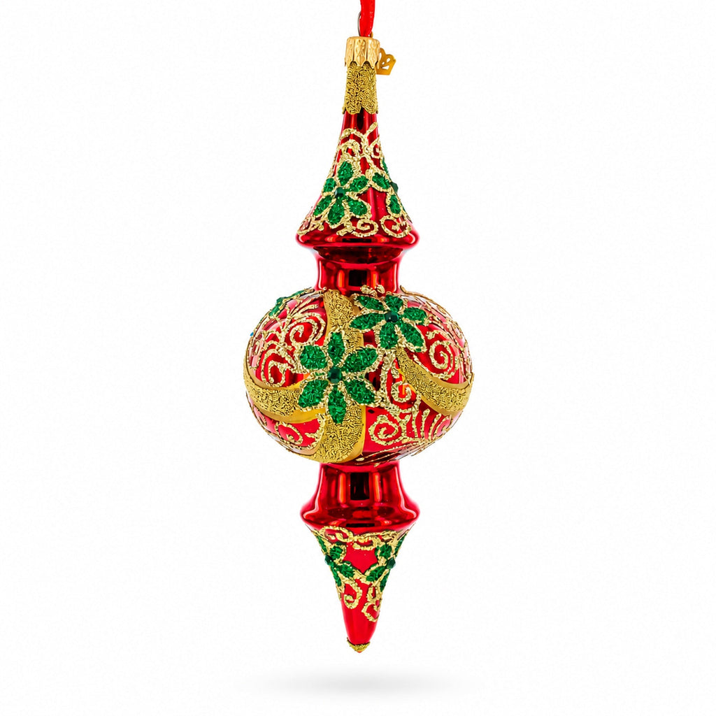 Holly & Gold Scroll Double-Ended Finial Drop Glass Christmas Ornament