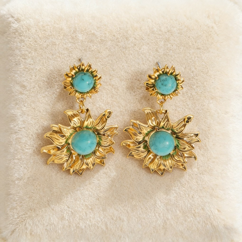 Vintage Sunflower Turquoise Earrings