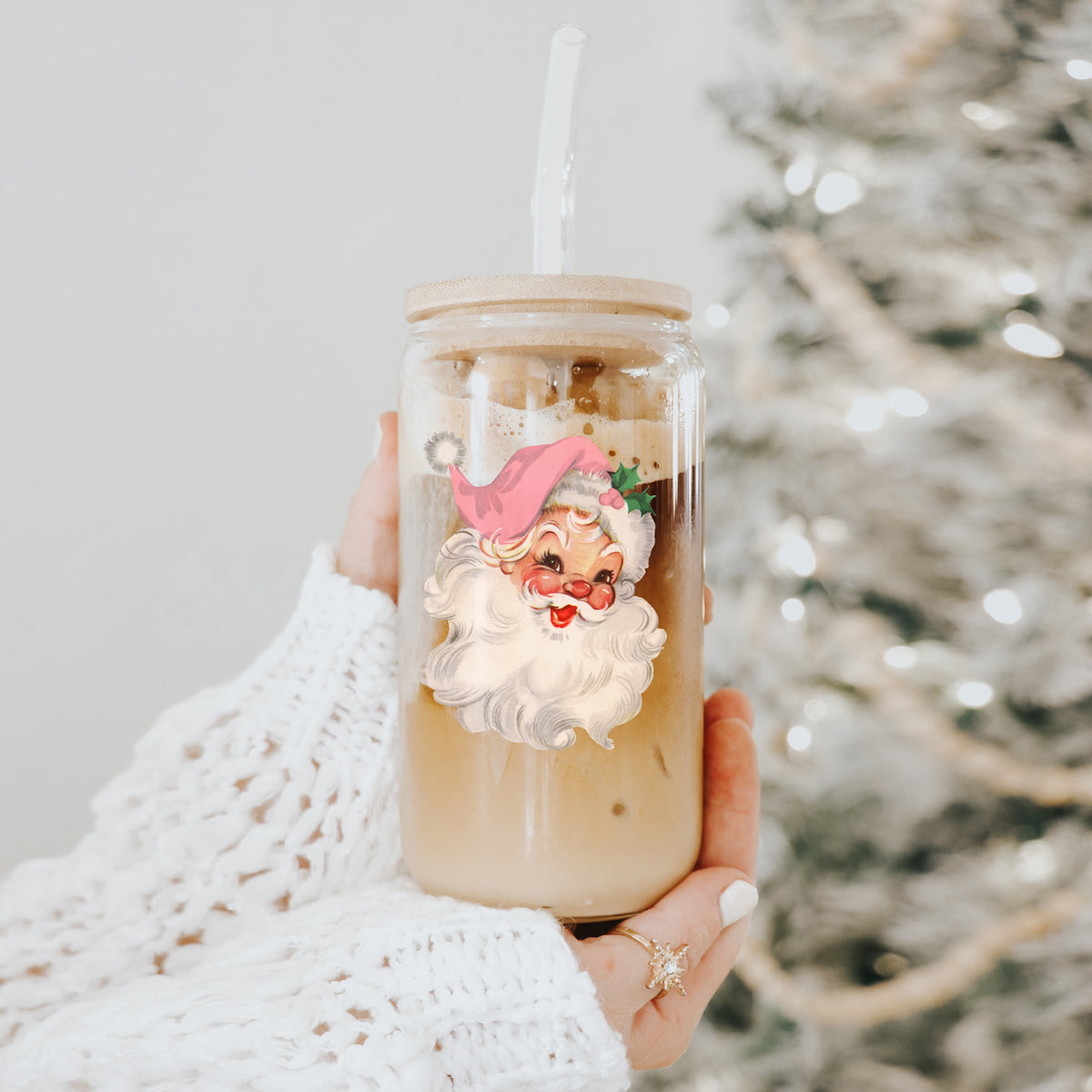 Vintage Pink Santa 17oz Glass Cup