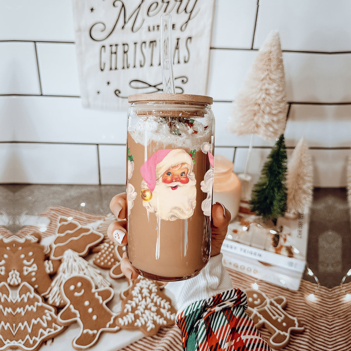 Vintage Pink Santa 17oz Glass Cup