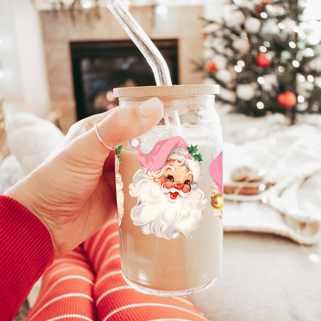 Vintage Pink Santa 17oz Glass Cup