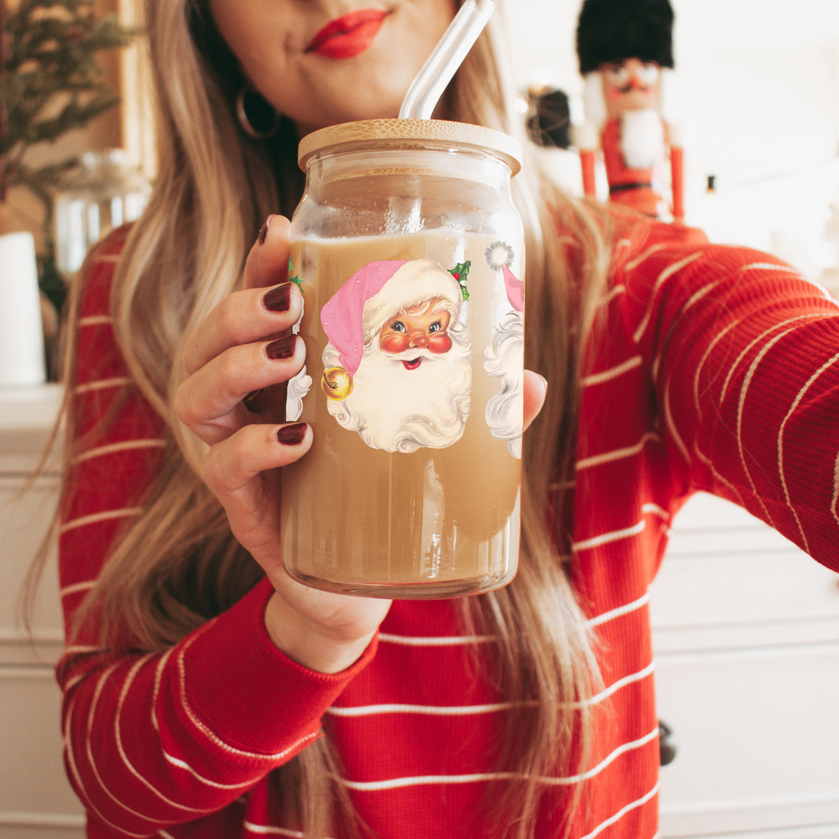 Vintage Pink Santa 17oz Glass Cup