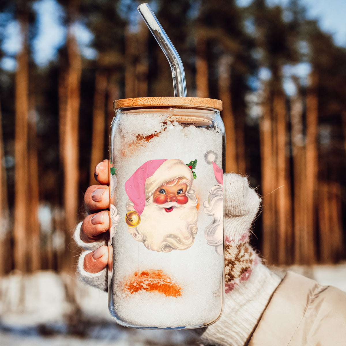 Vintage Pink Santa 17oz Glass Cup