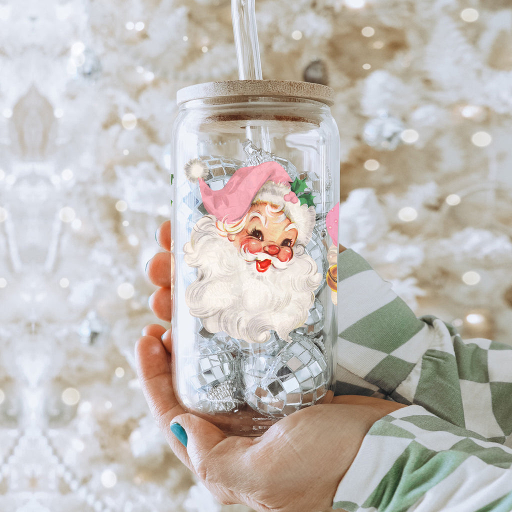 Vintage Pink Santa 17oz Glass Cup
