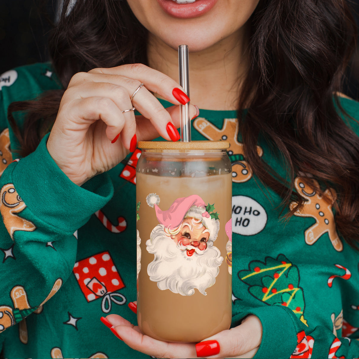 Vintage Pink Santa 17oz Glass Cup