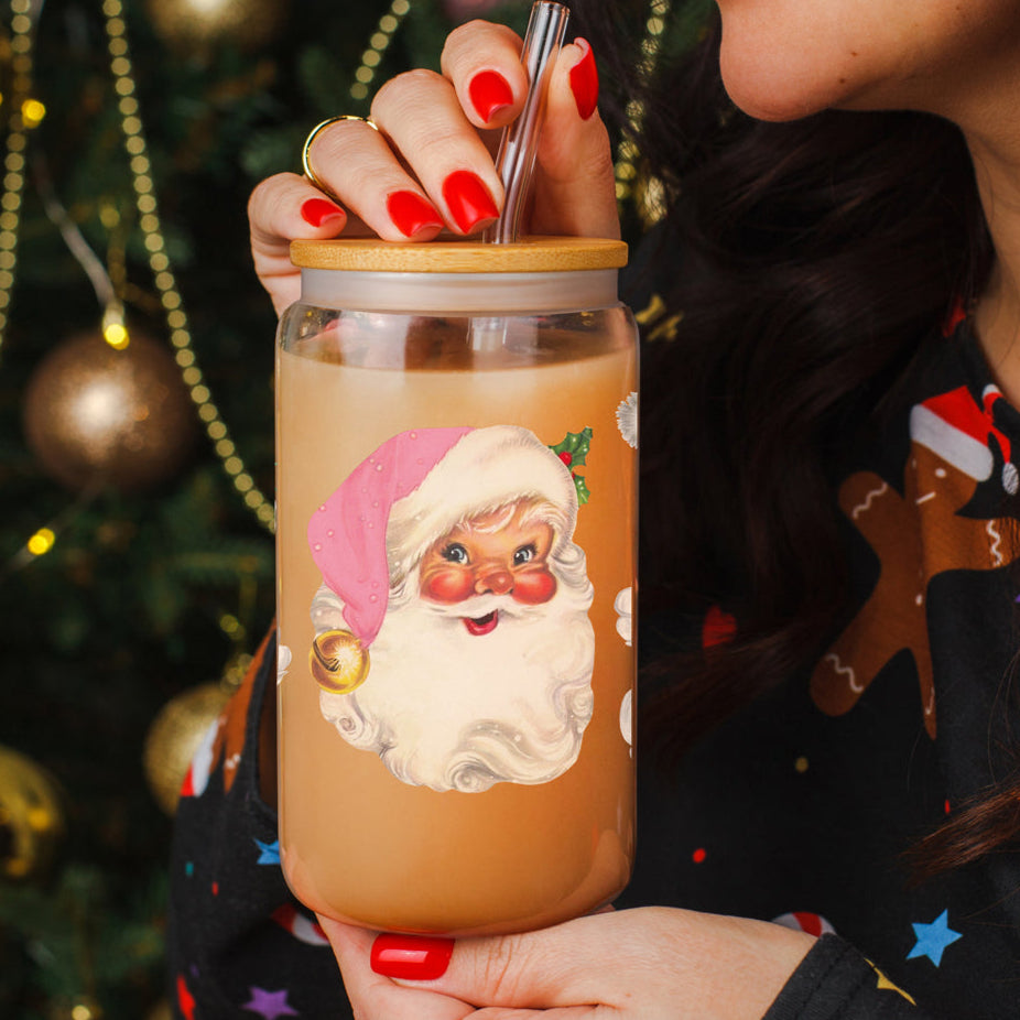 Vintage Pink Santa 17oz Glass Cup