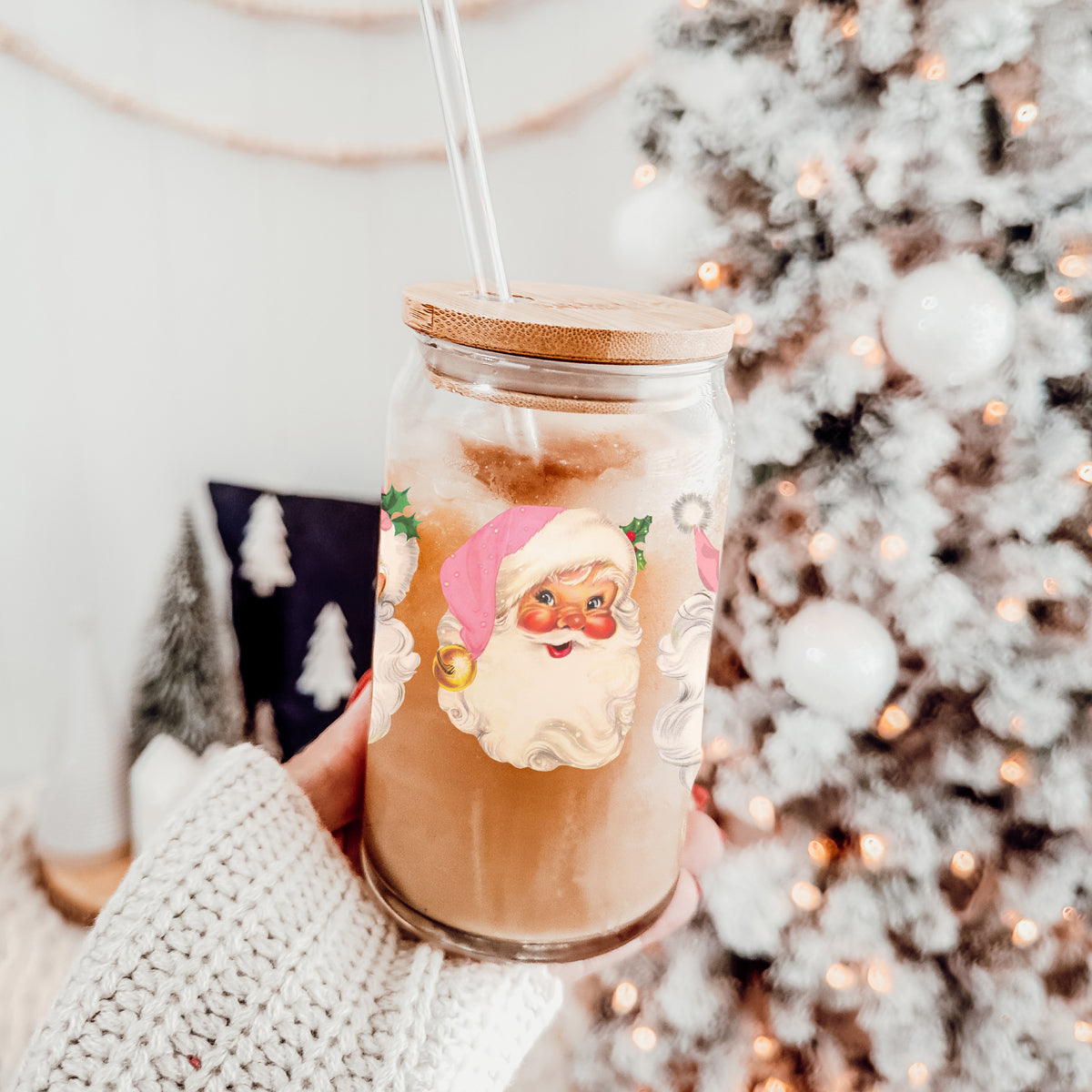 Vintage Pink Santa 17oz Glass Cup