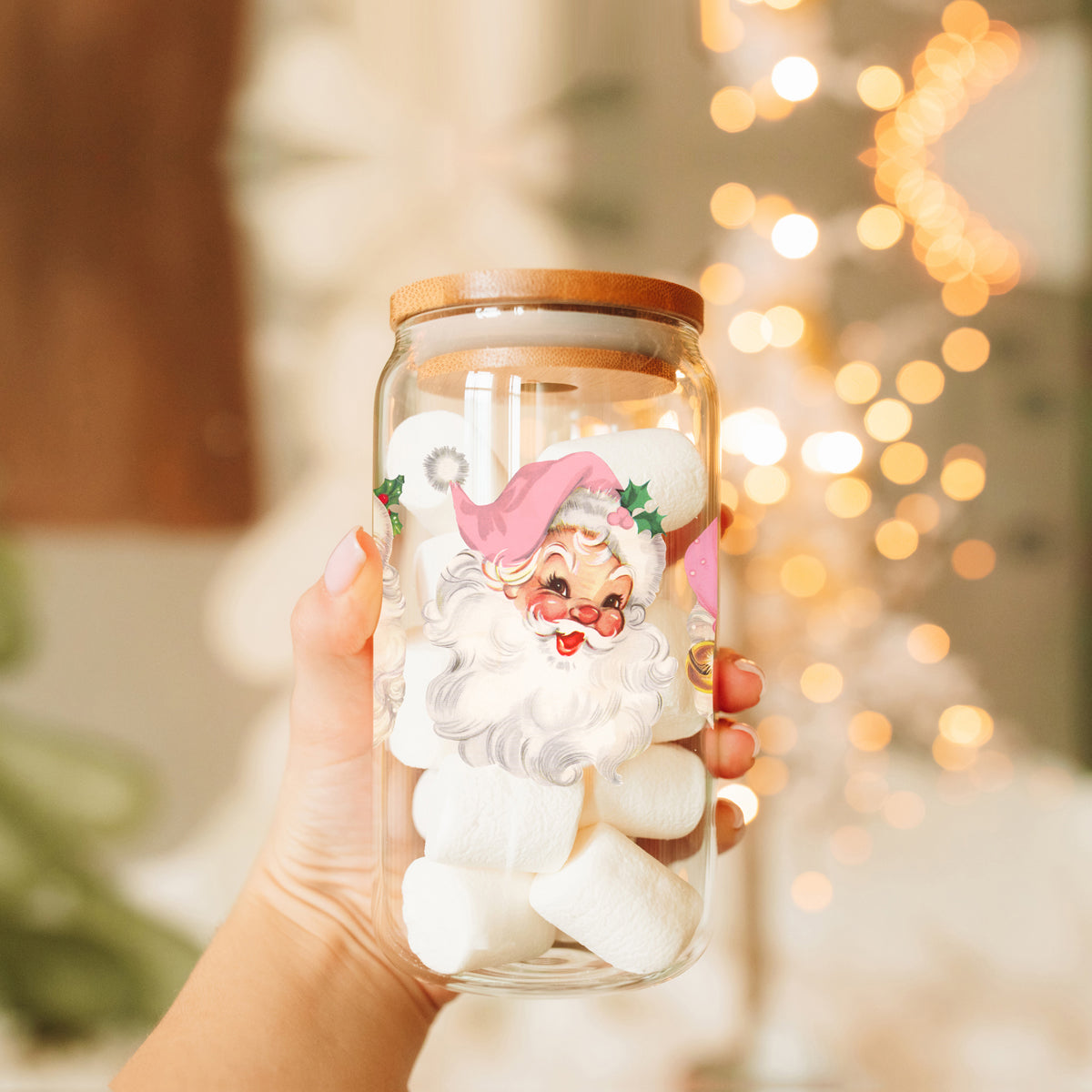 Vintage Pink Santa 17oz Glass Cup
