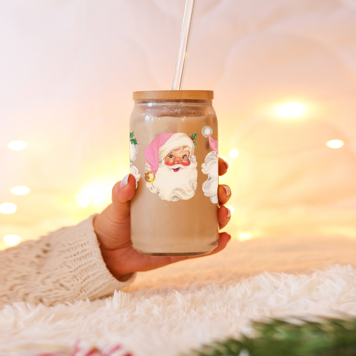 Vintage Pink Santa 17oz Glass Cup