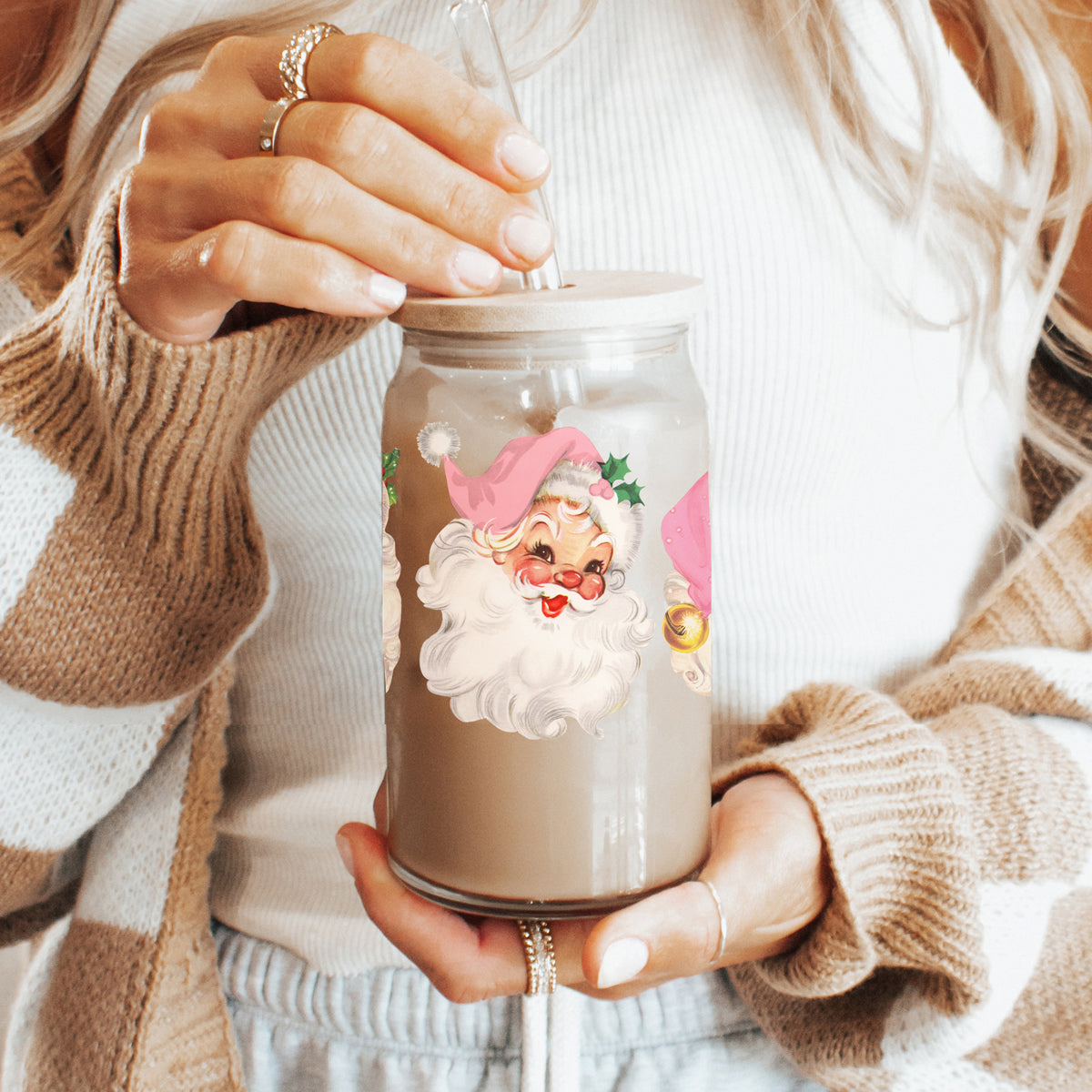Vintage Pink Santa 17oz Glass Cup