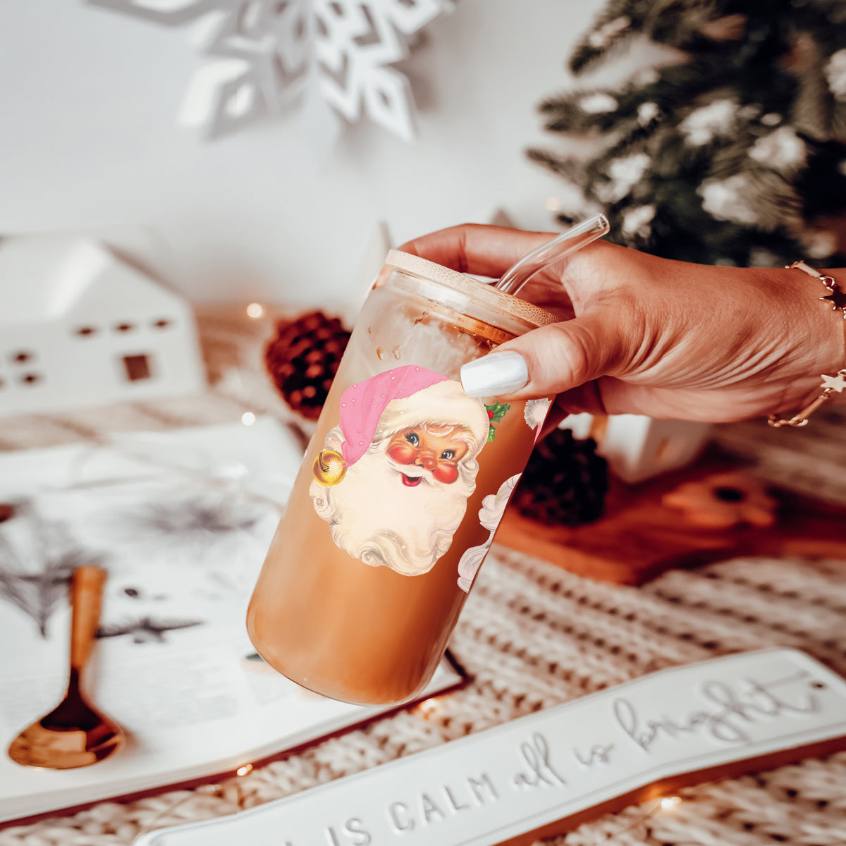 Vintage Pink Santa 17oz Glass Cup