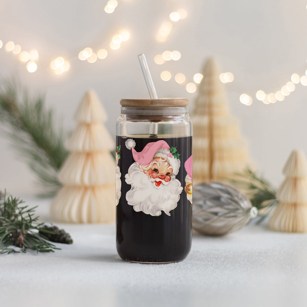Vintage Pink Santa 17oz Glass Cup