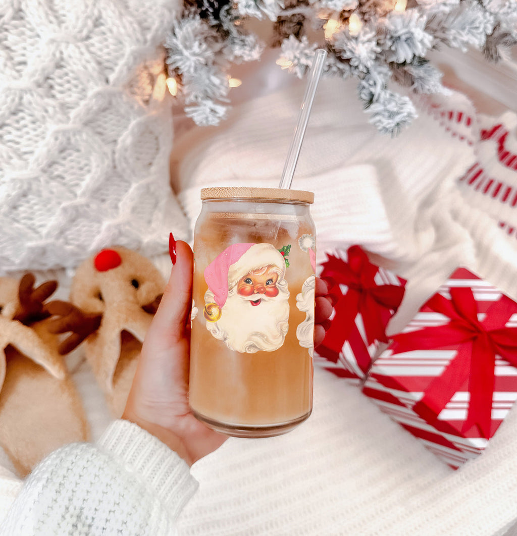 Vintage Pink Santa 17oz Glass Cup