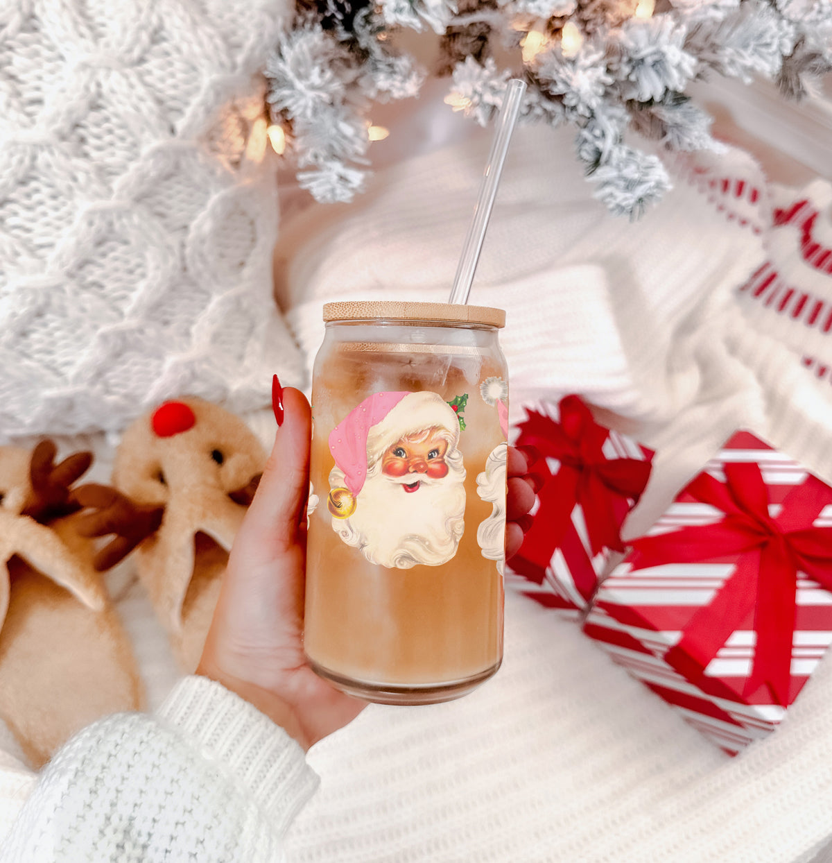 Vintage Pink Santa 17oz Glass Cup