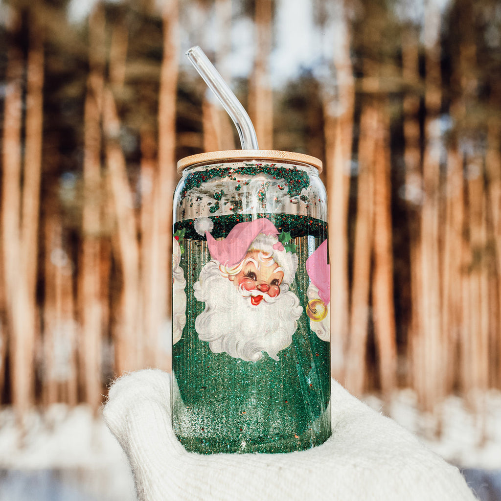 Vintage Pink Santa 17oz Glass Cup