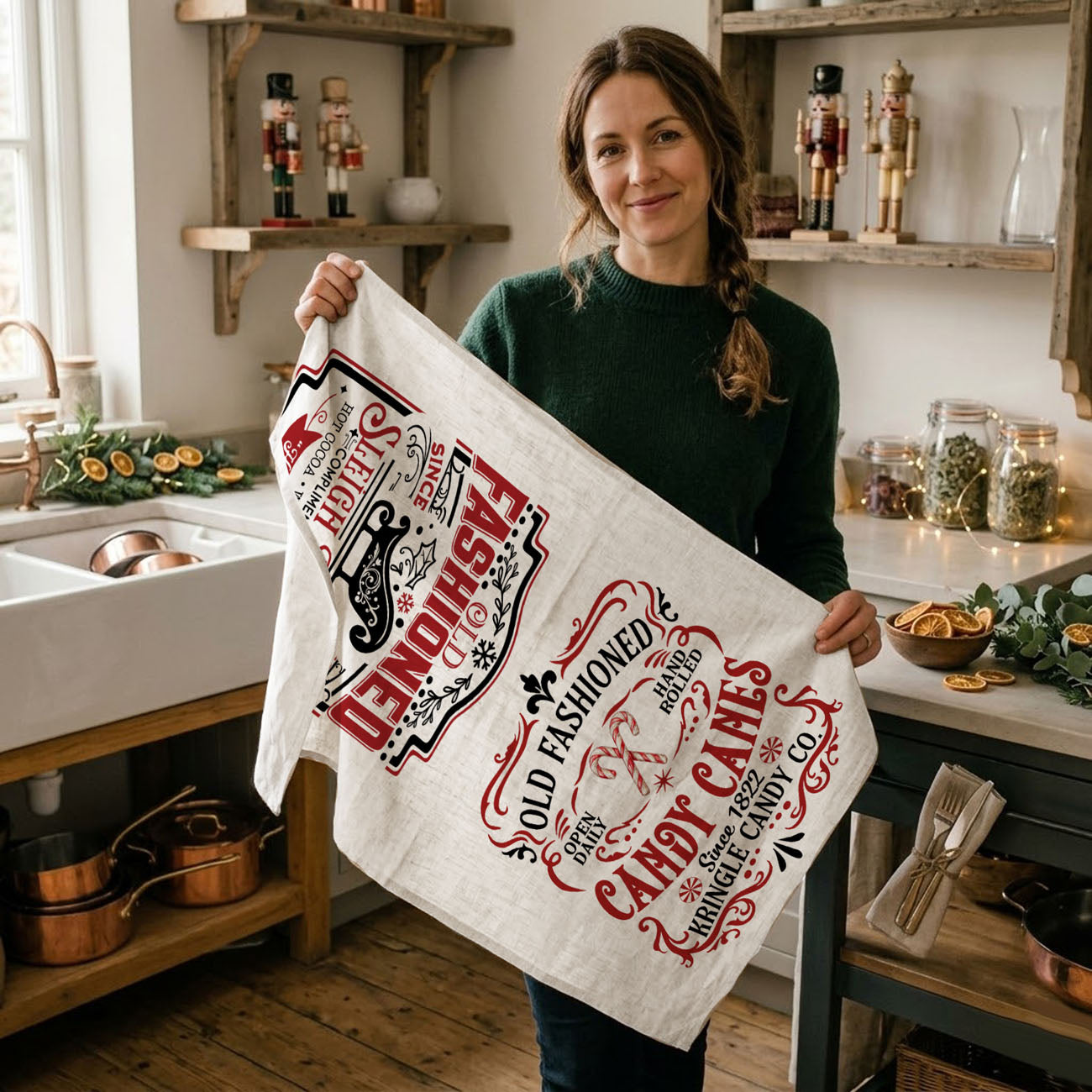 Sleigh + Candy Canes Kitchen Towel