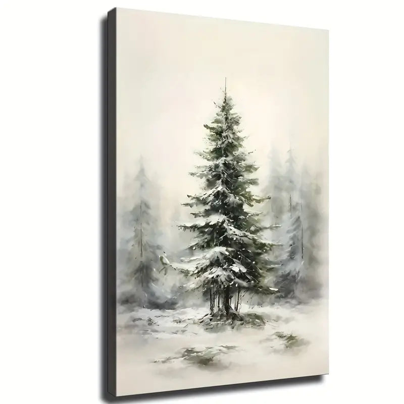 Snowy Pine Tree Canvas Wall Art - Wooden Framed 8x12"