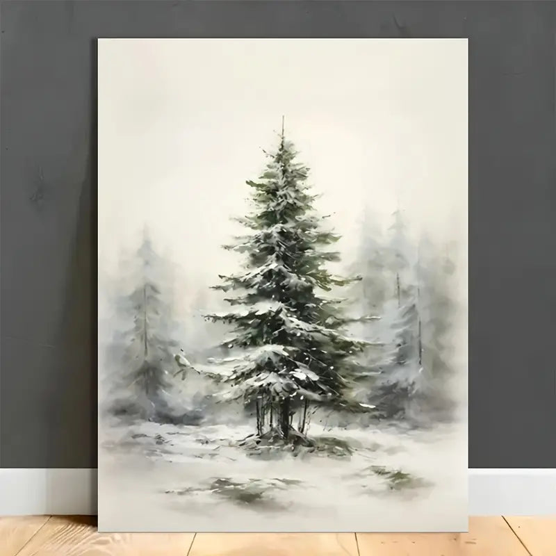 Snowy Pine Tree Canvas Wall Art - Wooden Framed 8x12"