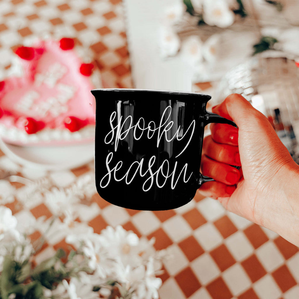 Spooky Season Black Ceramic Mug 14.5oz Halloween Coffee Cup Haunted White Graphics